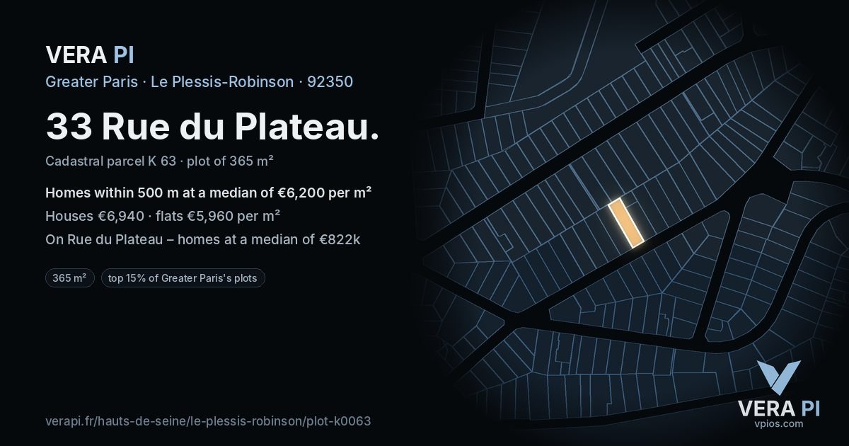 33 Rue du Plateau, Le Plessis-Robinson at night – the plot lit, the parcels around coloured by the prices near them