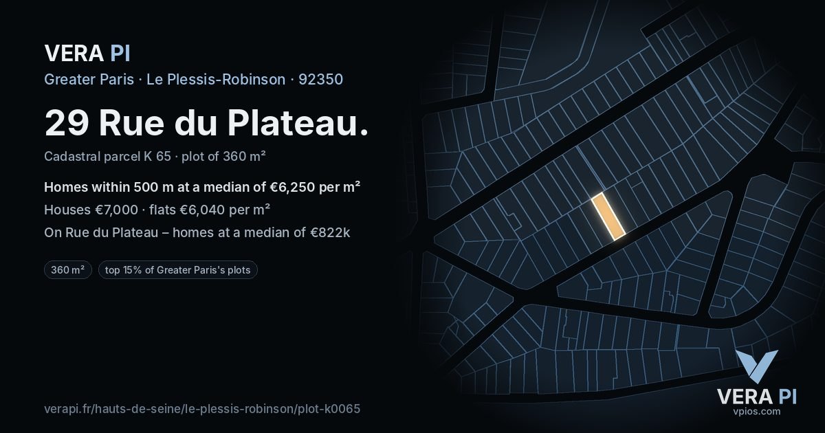 29 Rue du Plateau, Le Plessis-Robinson at night – the plot lit, the parcels around coloured by the prices near them