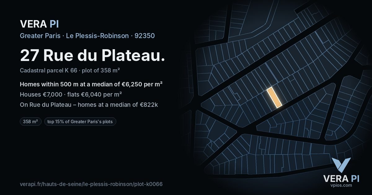 27 Rue du Plateau, Le Plessis-Robinson at night – the plot lit, the parcels around coloured by the prices near them