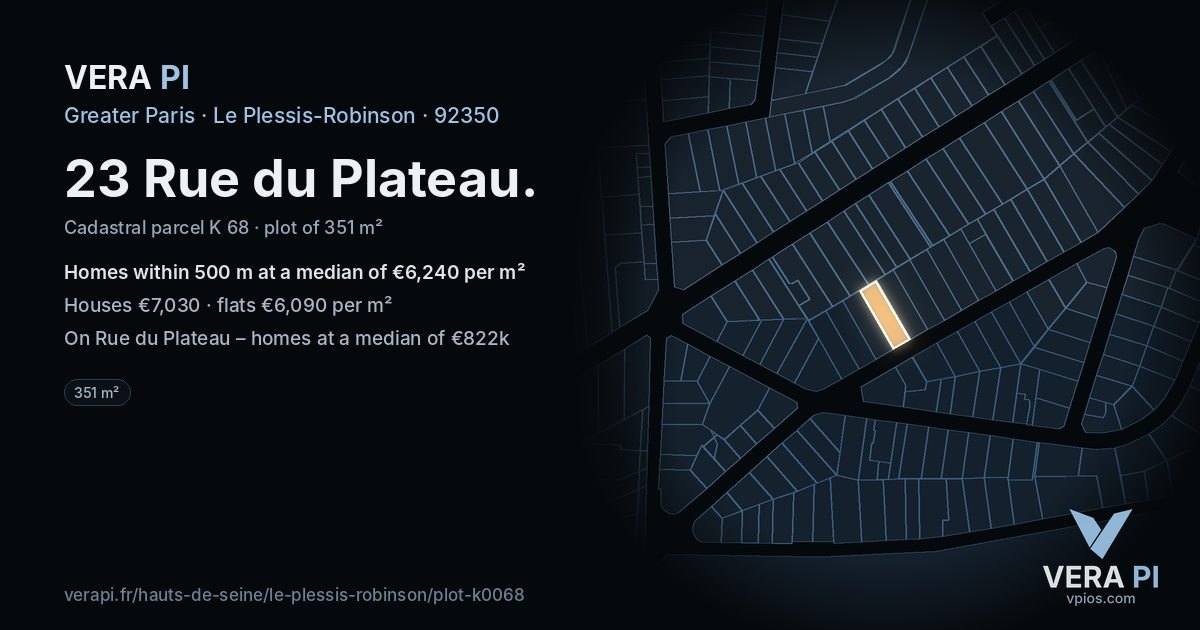 23 Rue du Plateau, Le Plessis-Robinson at night – the plot lit, the parcels around coloured by the prices near them