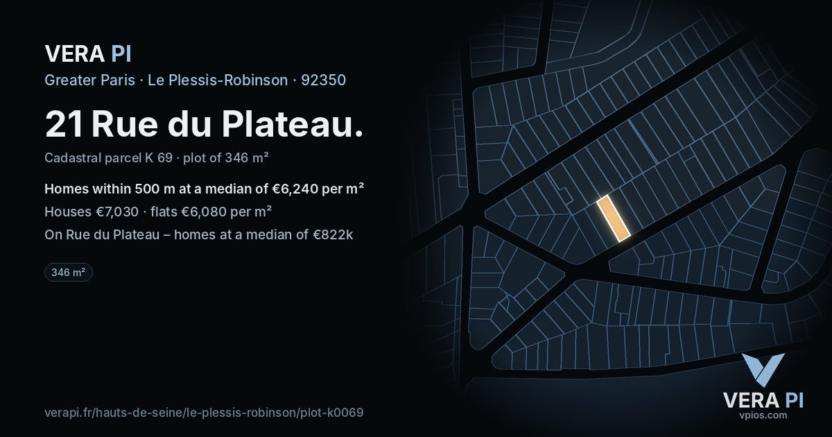 21 Rue du Plateau, Le Plessis-Robinson at night – the plot lit, the parcels around coloured by the prices near them