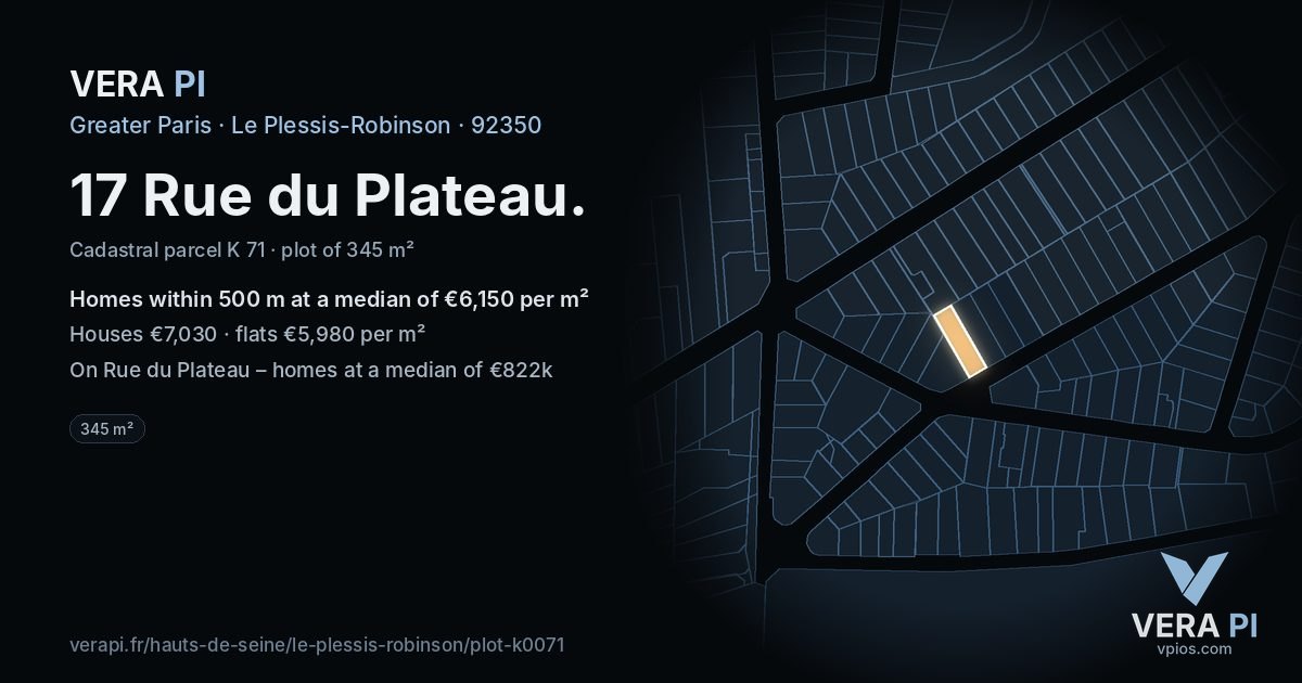 17 Rue du Plateau, Le Plessis-Robinson at night – the plot lit, the parcels around coloured by the prices near them