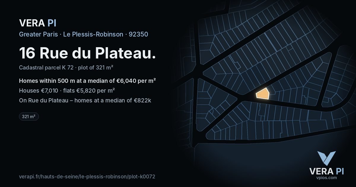 16 Rue du Plateau, Le Plessis-Robinson at night – the plot lit, the parcels around coloured by the prices near them
