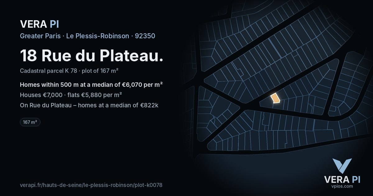 18 Rue du Plateau, Le Plessis-Robinson at night – the plot lit, the parcels around coloured by the prices near them