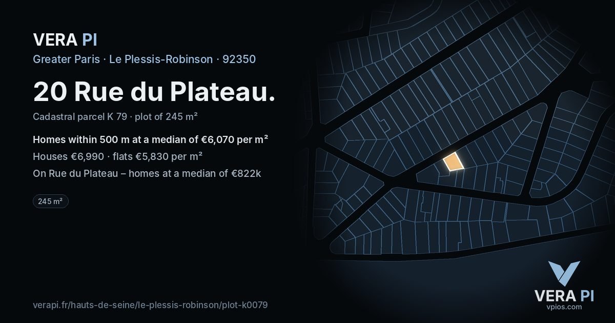 20 Rue du Plateau, Le Plessis-Robinson at night – the plot lit, the parcels around coloured by the prices near them