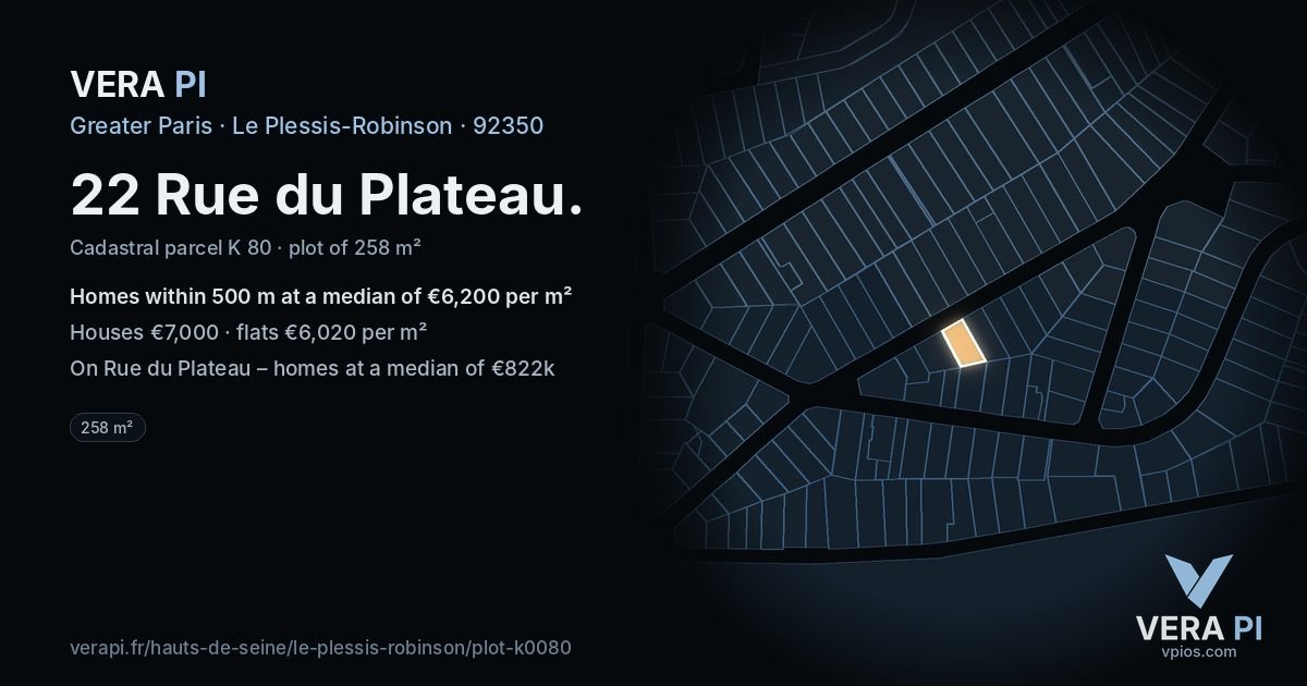 22 Rue du Plateau, Le Plessis-Robinson at night – the plot lit, the parcels around coloured by the prices near them