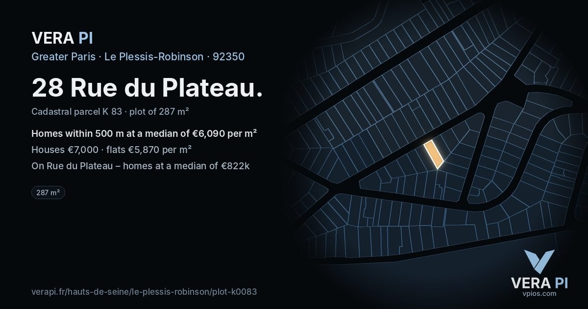 28 Rue du Plateau, Le Plessis-Robinson at night – the plot lit, the parcels around coloured by the prices near them