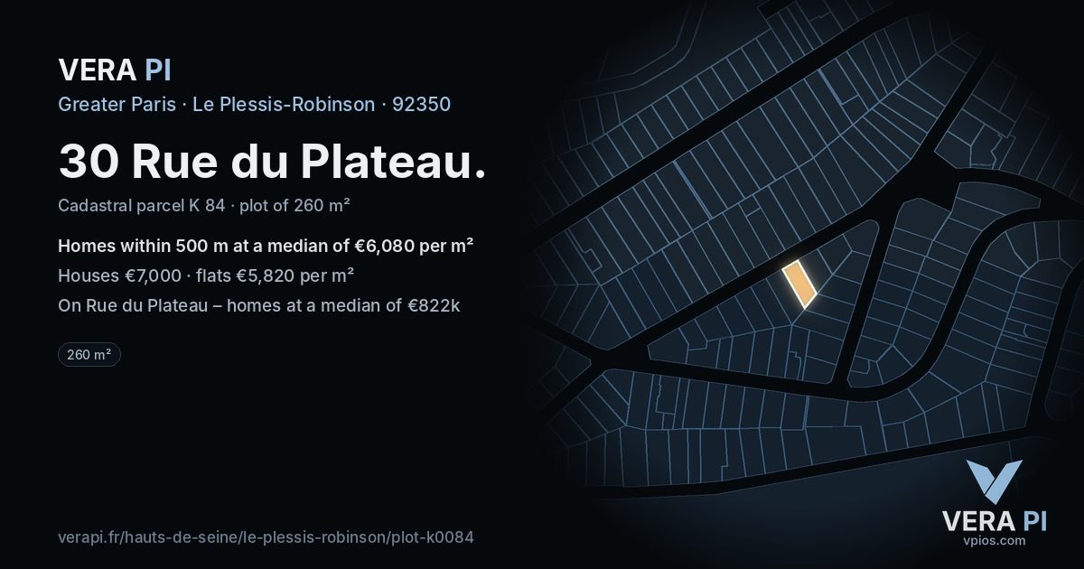 30 Rue du Plateau, Le Plessis-Robinson at night – the plot lit, the parcels around coloured by the prices near them