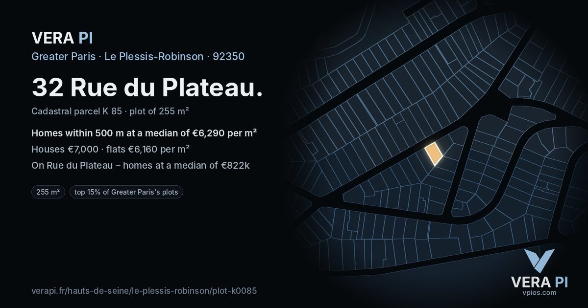32 Rue du Plateau, Le Plessis-Robinson at night – the plot lit, the parcels around coloured by the prices near them