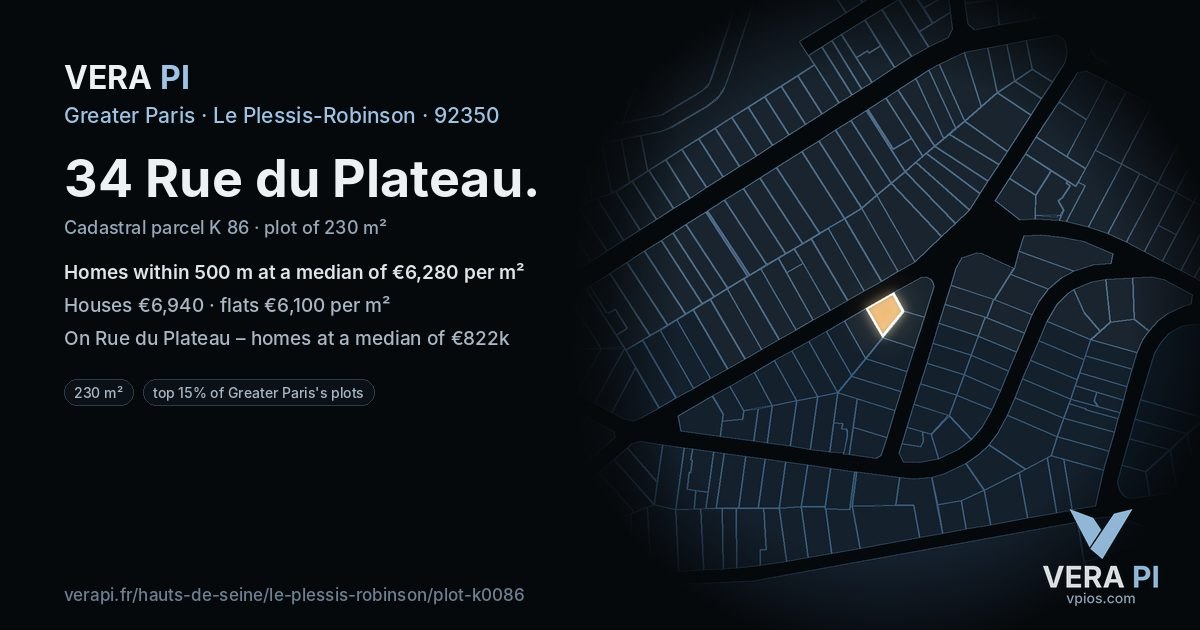34 Rue du Plateau, Le Plessis-Robinson at night – the plot lit, the parcels around coloured by the prices near them