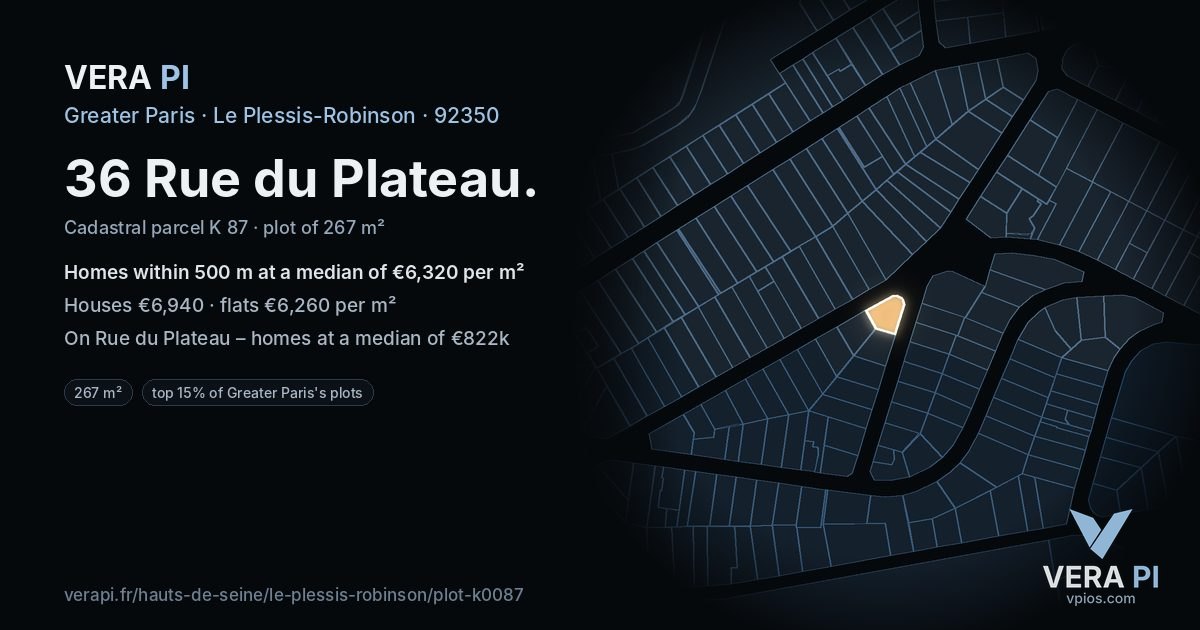 36 Rue du Plateau, Le Plessis-Robinson at night – the plot lit, the parcels around coloured by the prices near them