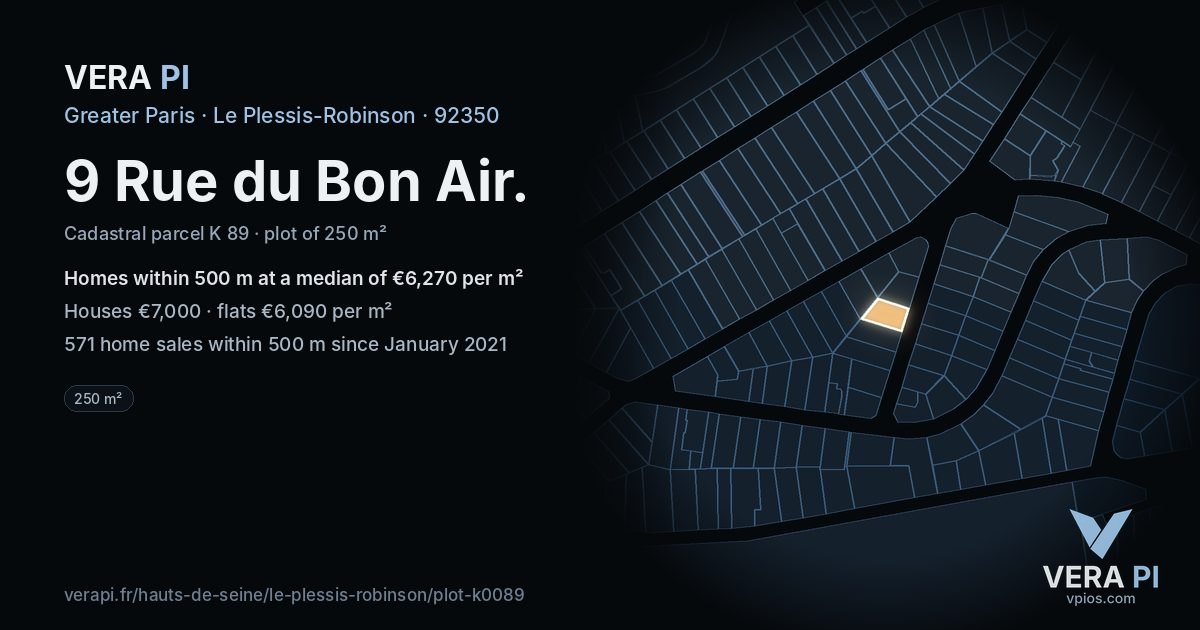 9 Rue du Bon Air, Le Plessis-Robinson at night – the plot lit, the parcels around coloured by the prices near them