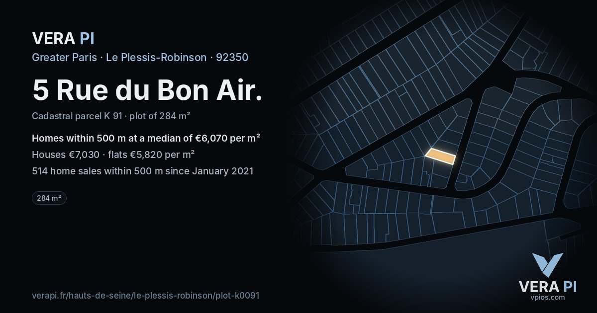 5 Rue du Bon Air, Le Plessis-Robinson at night – the plot lit, the parcels around coloured by the prices near them