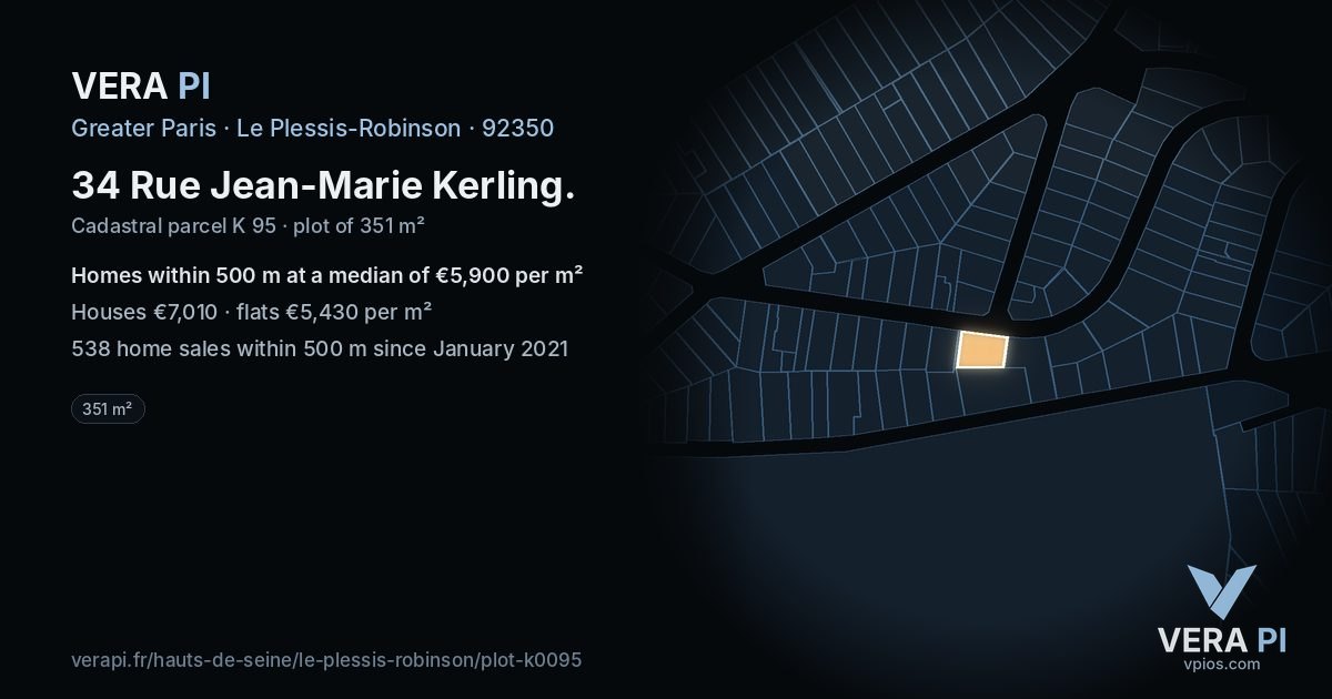 34 Rue Jean-Marie Kerling, Le Plessis-Robinson at night – the plot lit, the parcels around coloured by the prices near them