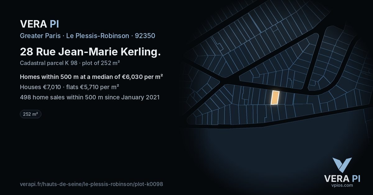 28 Rue Jean-Marie Kerling, Le Plessis-Robinson at night – the plot lit, the parcels around coloured by the prices near them