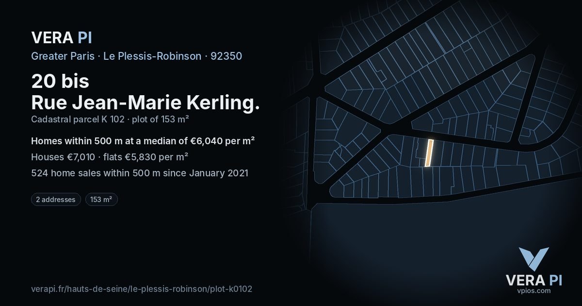 20 bis Rue Jean-Marie Kerling, Le Plessis-Robinson at night – the plot lit, the parcels around coloured by the prices near them