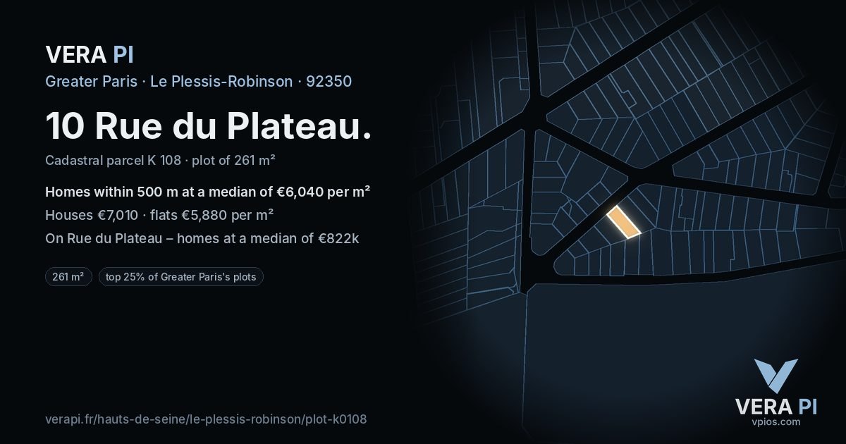 10 Rue du Plateau, Le Plessis-Robinson at night – the plot lit, the parcels around coloured by the prices near them