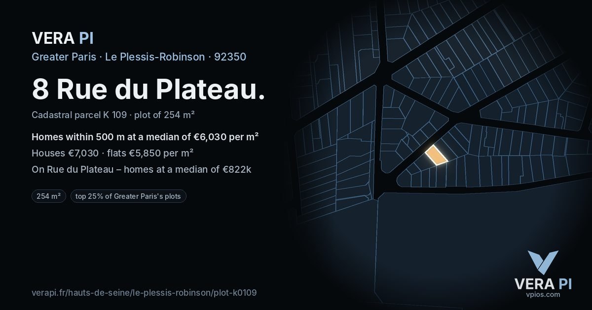 8 Rue du Plateau, Le Plessis-Robinson at night – the plot lit, the parcels around coloured by the prices near them