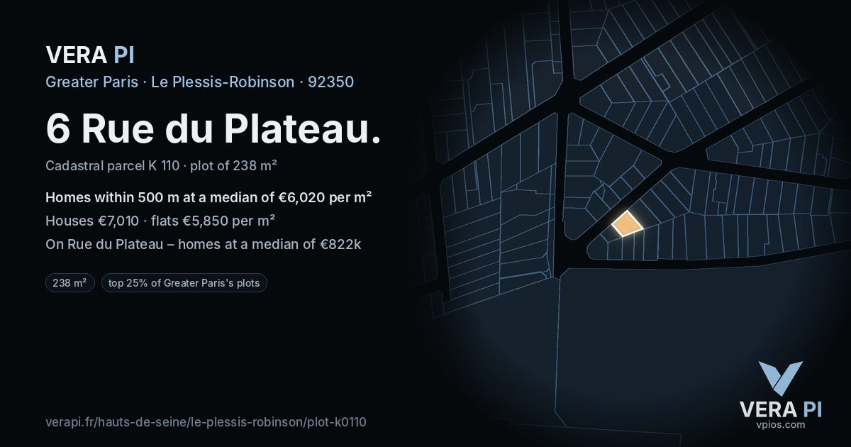 6 Rue du Plateau, Le Plessis-Robinson at night – the plot lit, the parcels around coloured by the prices near them