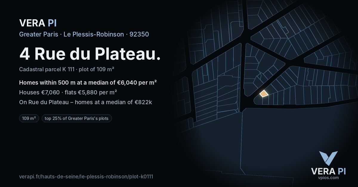 4 Rue du Plateau, Le Plessis-Robinson at night – the plot lit, the parcels around coloured by the prices near them