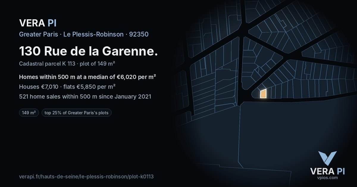 130 Rue de la Garenne, Le Plessis-Robinson at night – the plot lit, the parcels around coloured by the prices near them