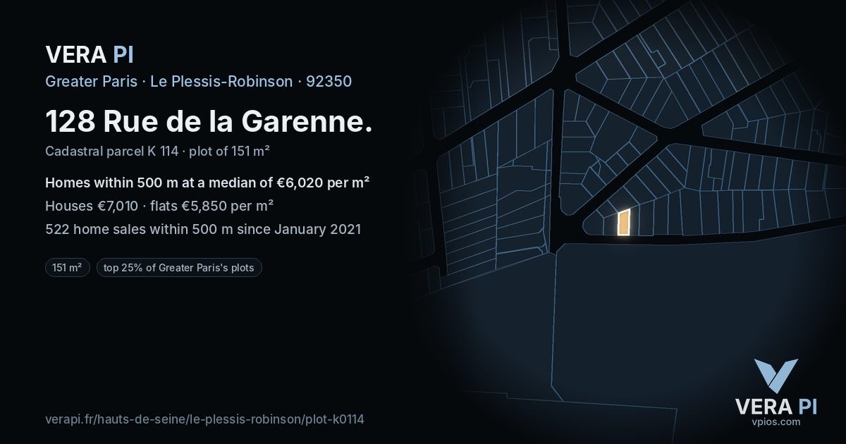 128 Rue de la Garenne, Le Plessis-Robinson at night – the plot lit, the parcels around coloured by the prices near them
