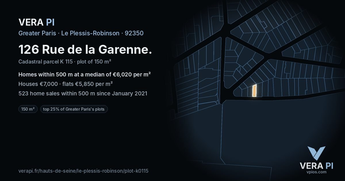 126 Rue de la Garenne, Le Plessis-Robinson at night – the plot lit, the parcels around coloured by the prices near them
