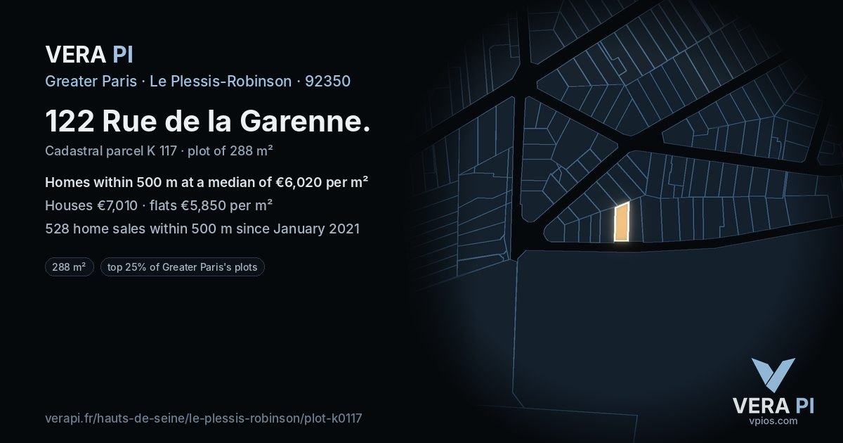 122 Rue de la Garenne, Le Plessis-Robinson at night – the plot lit, the parcels around coloured by the prices near them