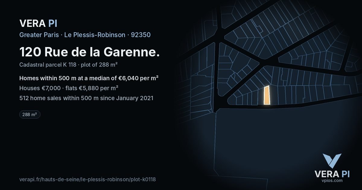 120 Rue de la Garenne, Le Plessis-Robinson at night – the plot lit, the parcels around coloured by the prices near them