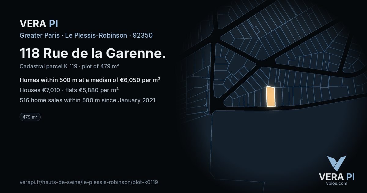 118 Rue de la Garenne, Le Plessis-Robinson at night – the plot lit, the parcels around coloured by the prices near them