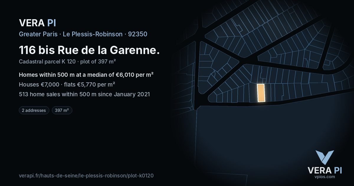 116 bis Rue de la Garenne, Le Plessis-Robinson at night – the plot lit, the parcels around coloured by the prices near them