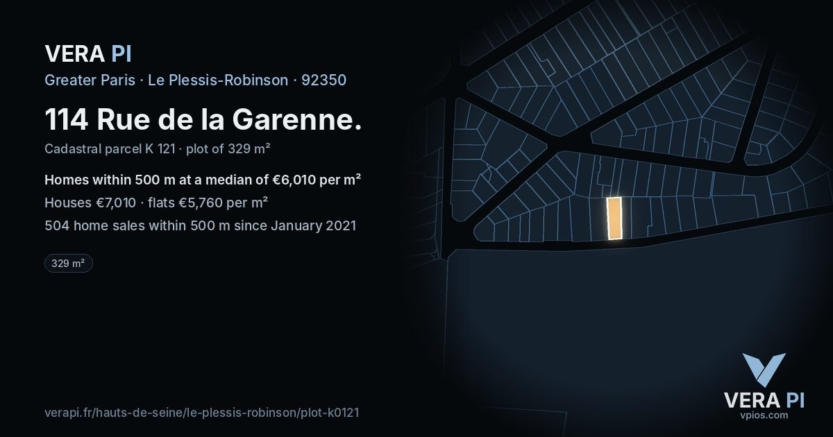 114 Rue de la Garenne, Le Plessis-Robinson at night – the plot lit, the parcels around coloured by the prices near them