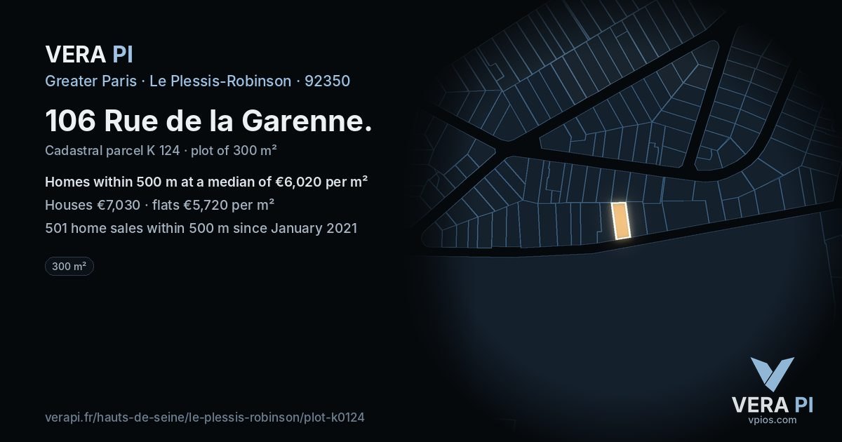 106 Rue de la Garenne, Le Plessis-Robinson at night – the plot lit, the parcels around coloured by the prices near them