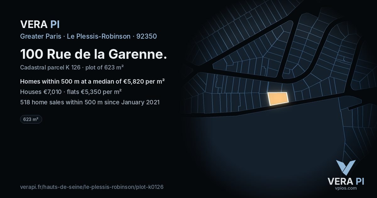 100 Rue de la Garenne, Le Plessis-Robinson at night – the plot lit, the parcels around coloured by the prices near them