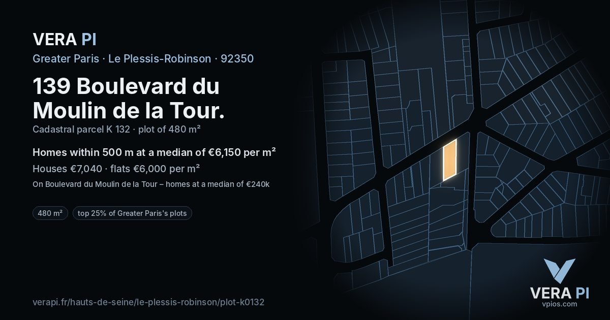 139 Boulevard du Moulin de la Tour, Le Plessis-Robinson at night – the plot lit, the parcels around coloured by the prices near them