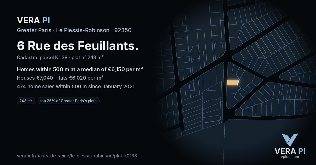 6 Rue des Feuillants, Le Plessis-Robinson at night – the plot lit, the parcels around coloured by the prices near them
