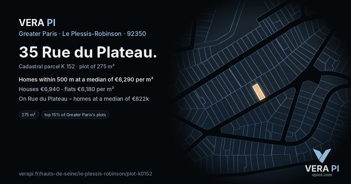 35 Rue du Plateau, Le Plessis-Robinson at night – the plot lit, the parcels around coloured by the prices near them