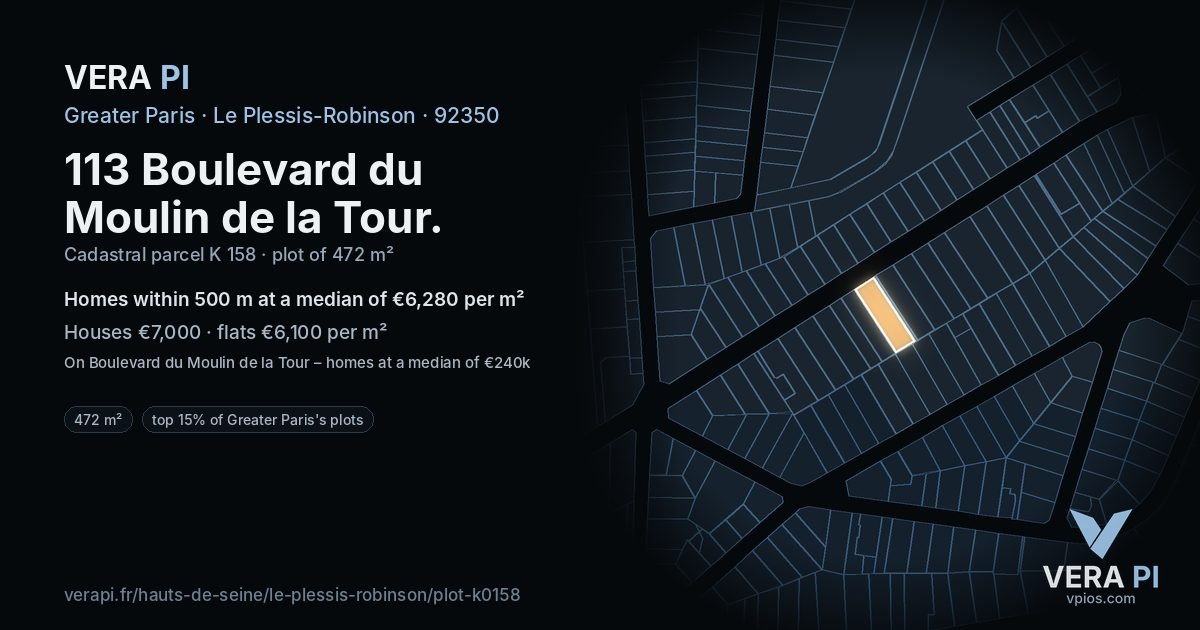 113 Boulevard du Moulin de la Tour, Le Plessis-Robinson at night – the plot lit, the parcels around coloured by the prices near them