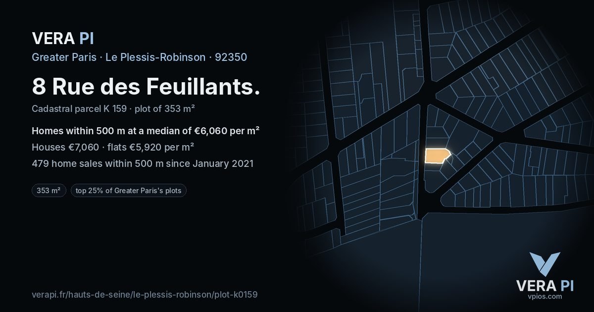 8 Rue des Feuillants, Le Plessis-Robinson at night – the plot lit, the parcels around coloured by the prices near them