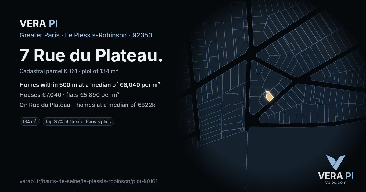 7 Rue du Plateau, Le Plessis-Robinson at night – the plot lit, the parcels around coloured by the prices near them