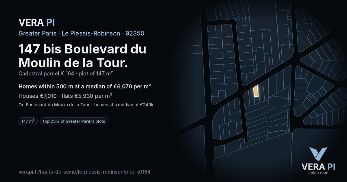 147 bis Boulevard du Moulin de la Tour, Le Plessis-Robinson at night – the plot lit, the parcels around coloured by the prices near them
