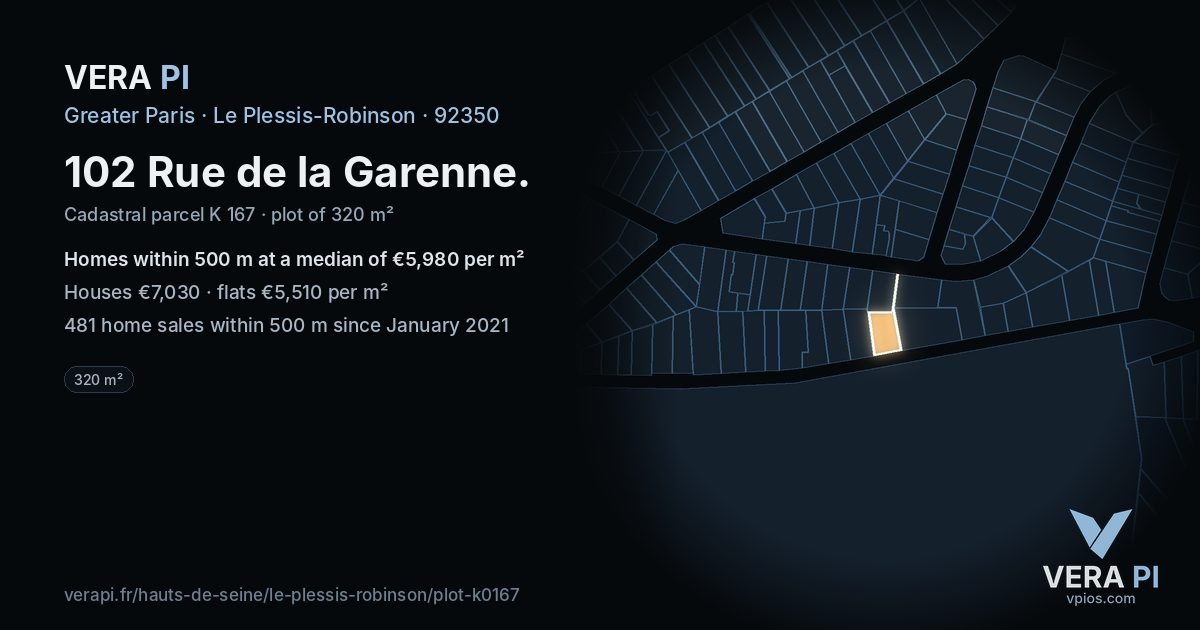 102 Rue de la Garenne, Le Plessis-Robinson at night – the plot lit, the parcels around coloured by the prices near them