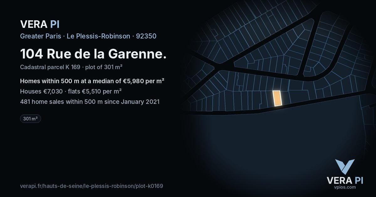 104 Rue de la Garenne, Le Plessis-Robinson at night – the plot lit, the parcels around coloured by the prices near them