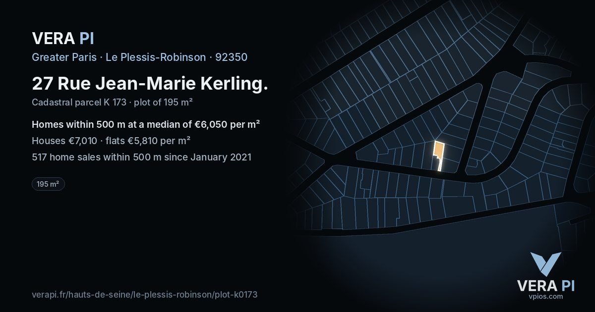 27 Rue Jean-Marie Kerling, Le Plessis-Robinson at night – the plot lit, the parcels around coloured by the prices near them