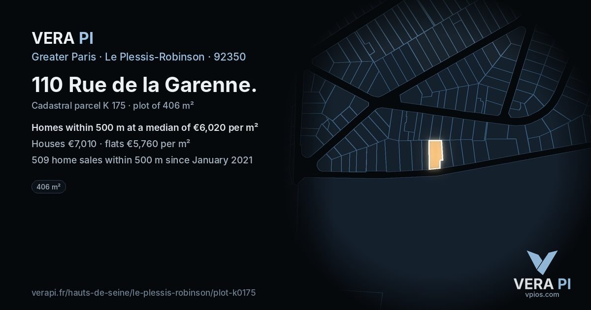 110 Rue de la Garenne, Le Plessis-Robinson at night – the plot lit, the parcels around coloured by the prices near them