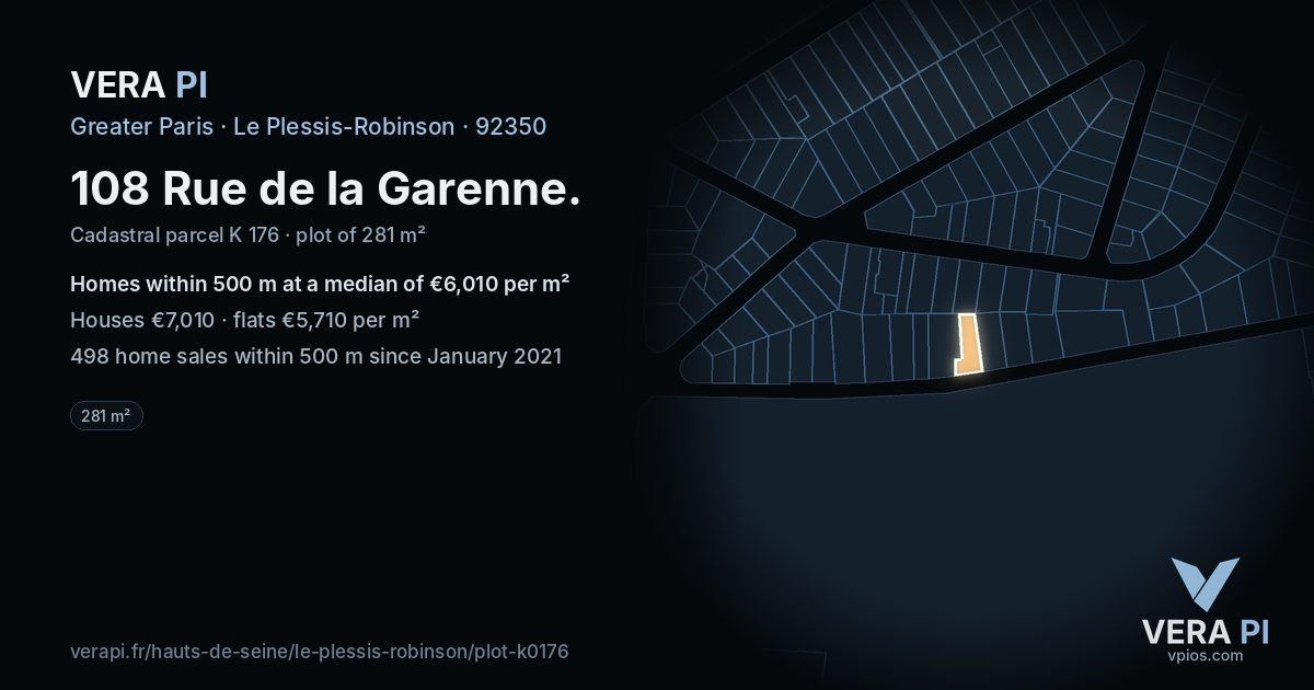108 Rue de la Garenne, Le Plessis-Robinson at night – the plot lit, the parcels around coloured by the prices near them