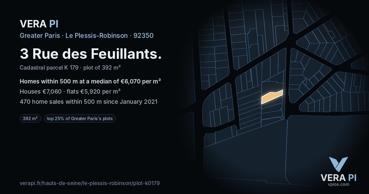 3 Rue des Feuillants, Le Plessis-Robinson at night – the plot lit, the parcels around coloured by the prices near them