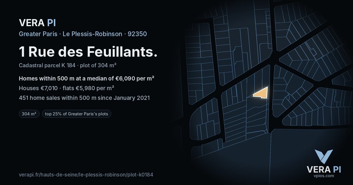 1 Rue des Feuillants, Le Plessis-Robinson at night – the plot lit, the parcels around coloured by the prices near them