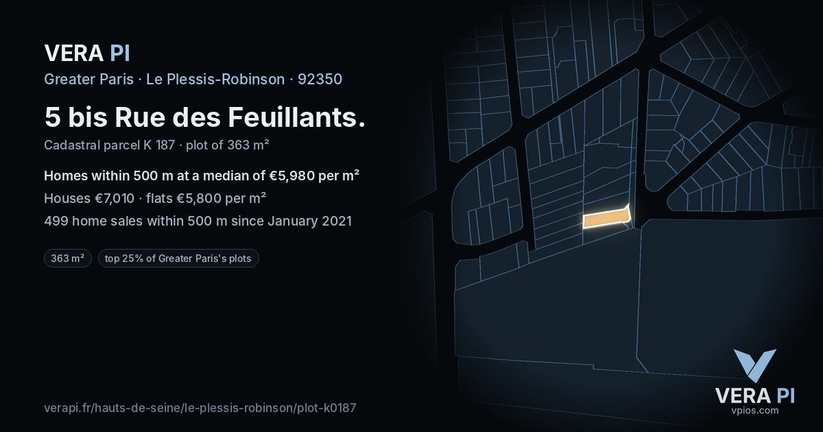 5 bis Rue des Feuillants, Le Plessis-Robinson at night – the plot lit, the parcels around coloured by the prices near them