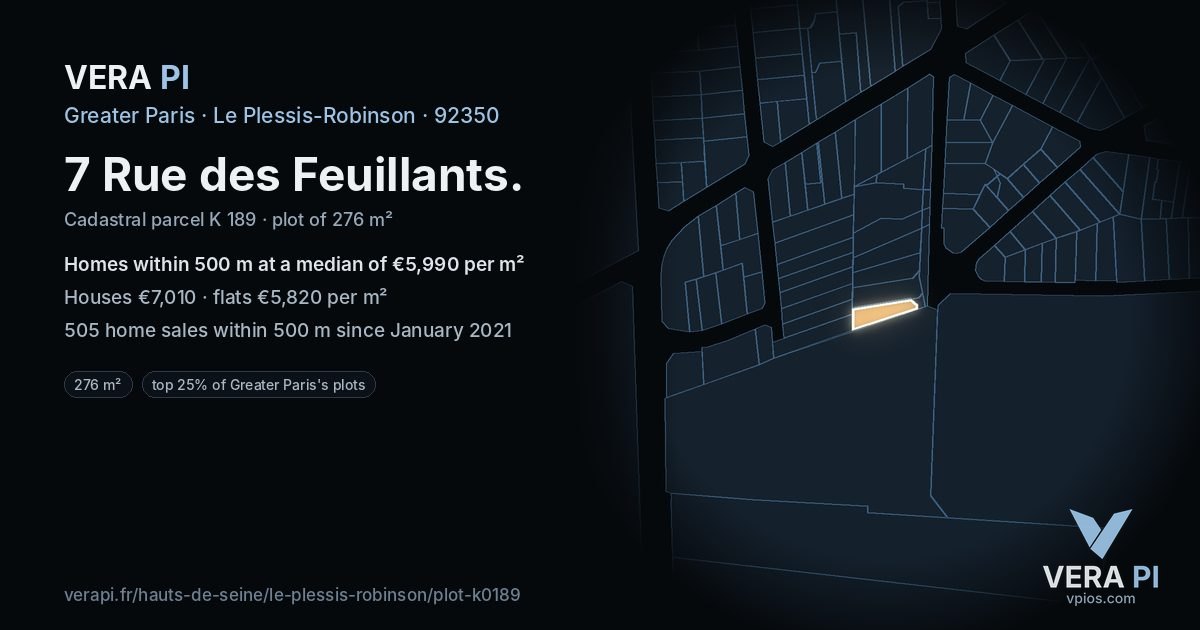 7 Rue des Feuillants, Le Plessis-Robinson at night – the plot lit, the parcels around coloured by the prices near them